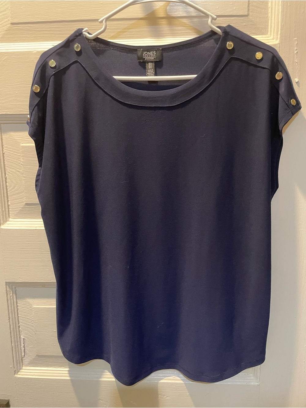 Jones New York Navy Cap-Sleeve Top with Gold Buttons, Large